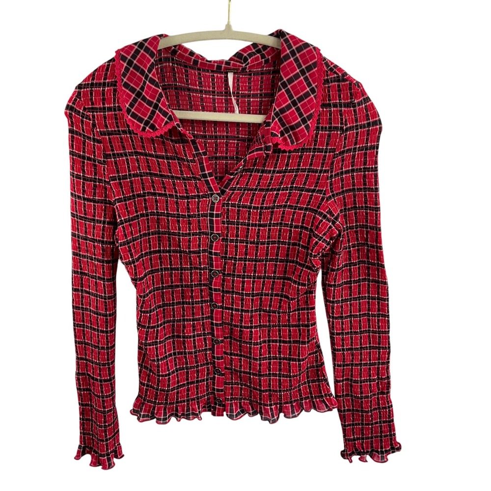 Free People Red Black Plaid Smocked Button Down Top Lace Trim Medium